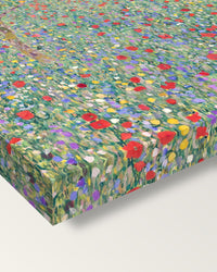 Poppy Field by Gustav Klimt on stretched canvas, corner close-up: the painting mirror-wrapped round the sides