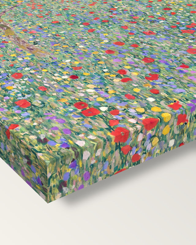 Poppy Field by Gustav Klimt on stretched canvas, corner close-up: the painting mirror-wrapped round the sides