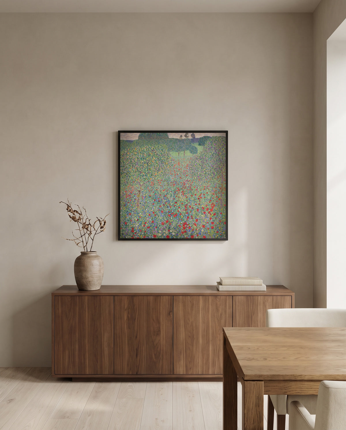 Poppy Field by Gustav Klimt in a black frame above a walnut sideboard in a dining room