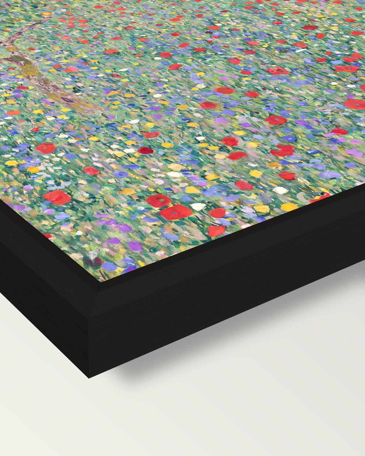 Poppy Field by Gustav Klimt framed canvas, corner close-up: a black floating frame with a shadow gap round the canvas