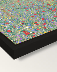 Poppy Field by Gustav Klimt framed canvas, corner close-up: a black floating frame with a shadow gap round the canvas
