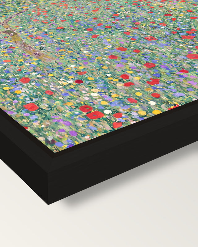 Poppy Field by Gustav Klimt framed canvas, corner close-up: a black floating frame with a shadow gap round the canvas
