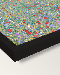 Poppy Field by Gustav Klimt framed print, corner close-up: black moulding, mitred, the print set just below its edge