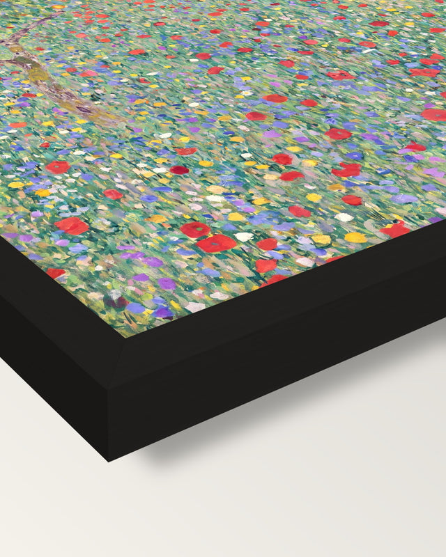 Poppy Field by Gustav Klimt framed print, corner close-up: black moulding, mitred, the print set just below its edge