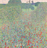 Poppy Field by Gustav Klimt: a green meadow full of red poppies and white daisies, fruit trees at the top