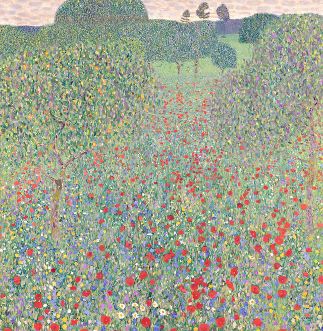 Poppy Field by Gustav Klimt: a green meadow full of red poppies and white daisies, fruit trees at the top