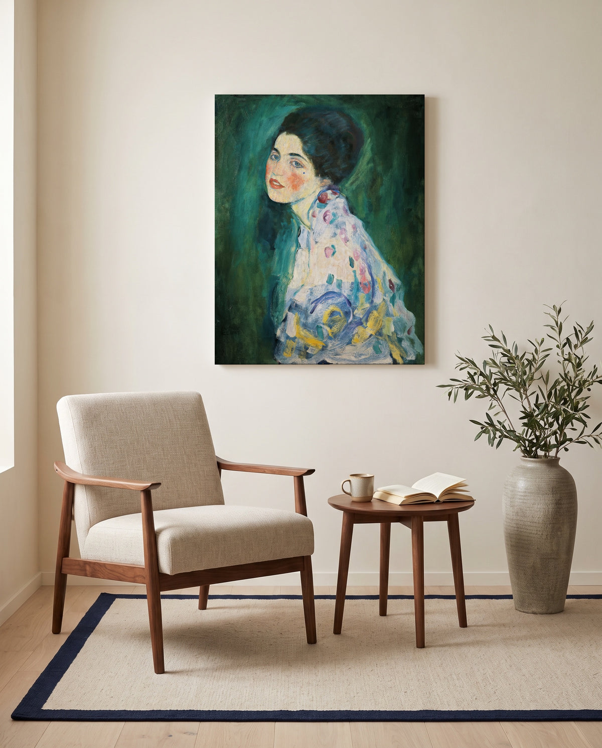 Portrait of a Lady by Gustav Klimt as a stretched canvas above a linen lounge chair in a reading corner