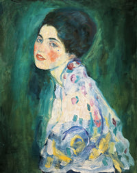 Portrait of a Lady by Gustav Klimt: a young woman with dark hair and a scarf on green, in quick loose strokes