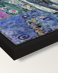 Adele Bloch-Bauer II by Klimt framed canvas, corner close-up: a black floating frame with a shadow gap round the canvas