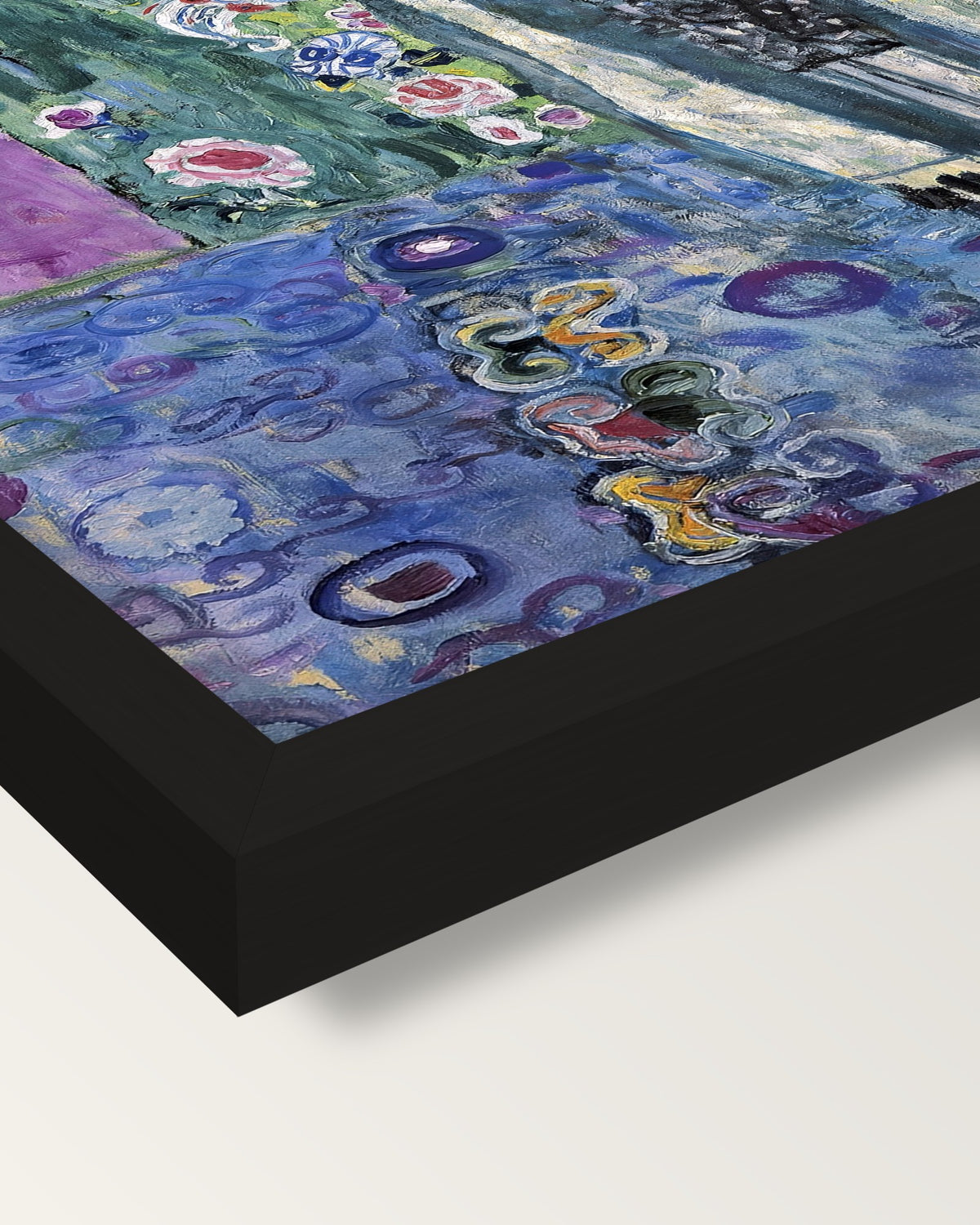 Adele Bloch-Bauer II by Gustav Klimt framed print, corner close-up: black moulding, mitred, the print set just below its edge