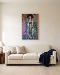 Adele Bloch-Bauer II by Gustav Klimt framed in natural oak above a cream sofa in a warm living room