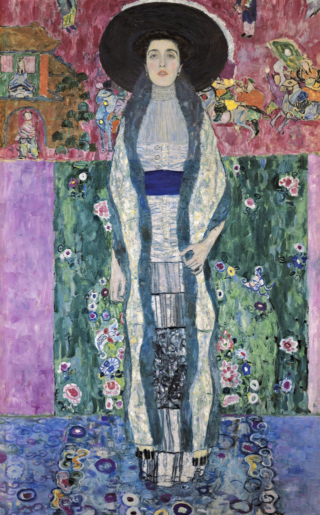 Adele Bloch-Bauer II by Gustav Klimt: a woman in a broad black hat and long dress before green, pink and violet bands