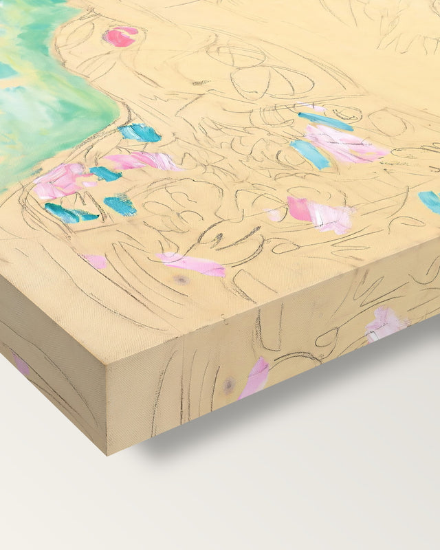 Amalie Zuckerkandl by Gustav Klimt on stretched canvas, corner close-up: the painting mirror-wrapped round the sides