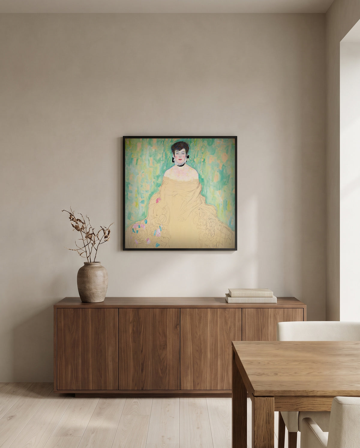 Amalie Zuckerkandl by Gustav Klimt in a black frame above a walnut sideboard in a dining room