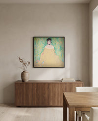 Amalie Zuckerkandl by Gustav Klimt in a black frame above a walnut sideboard in a dining room