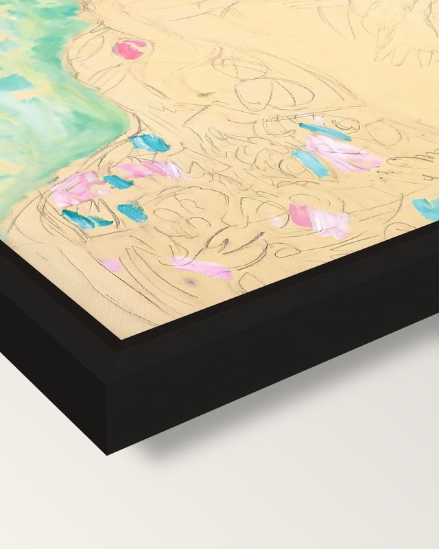Amalie Zuckerkandl by Gustav Klimt framed canvas, corner close-up: a black floating frame with a shadow gap round the canvas
