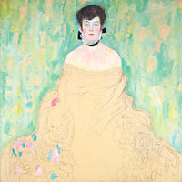 Portrait of Amalie Zuckerkandl by Gustav Klimt: a seated woman, face finished, gown sketched in pale blue on ochre