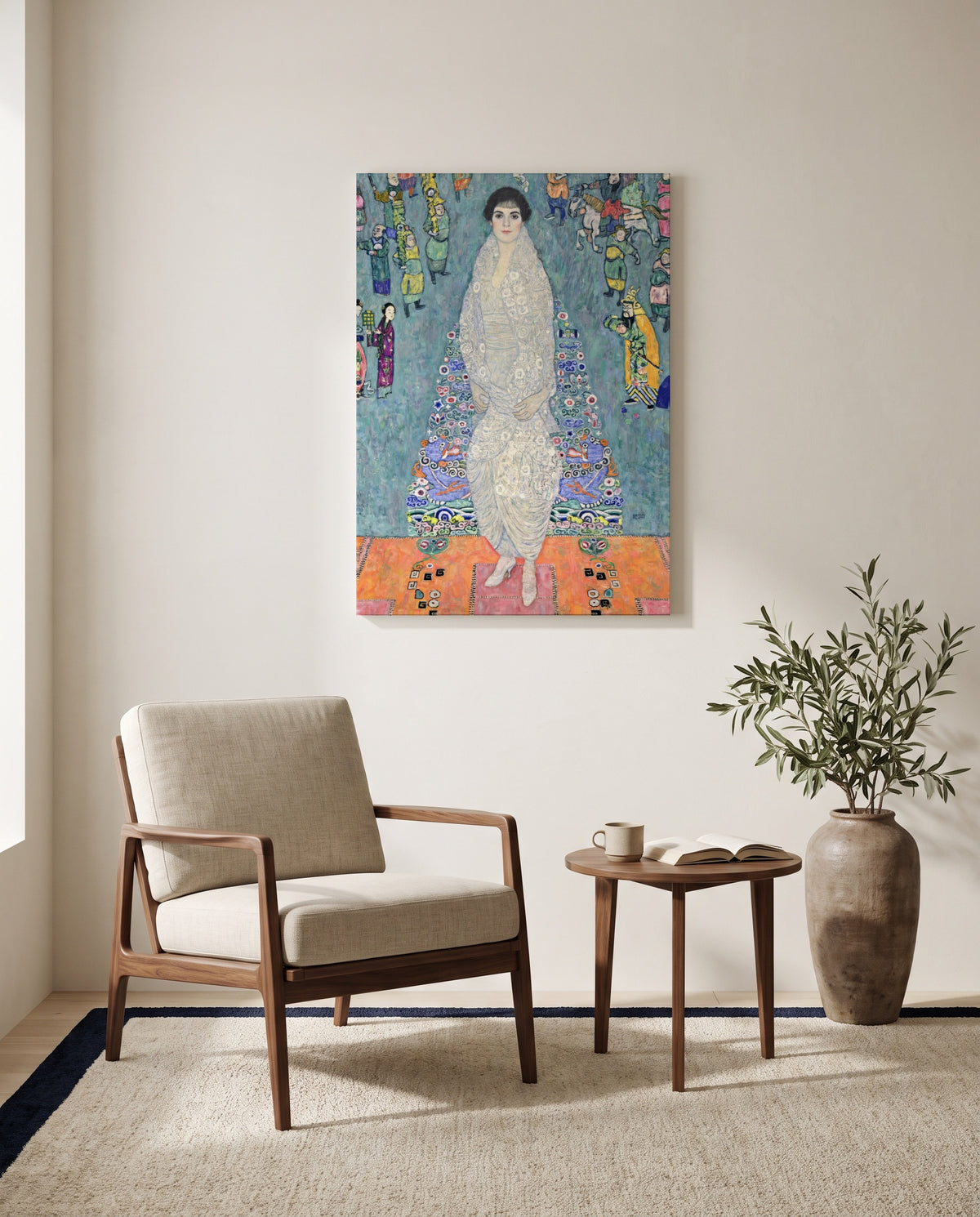 Elisabeth Lederer by Gustav Klimt as a stretched canvas above a linen lounge chair in a reading corner