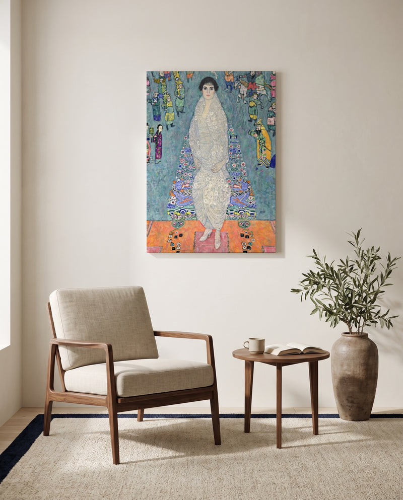 Elisabeth Lederer by Gustav Klimt as a stretched canvas above a linen lounge chair in a reading corner