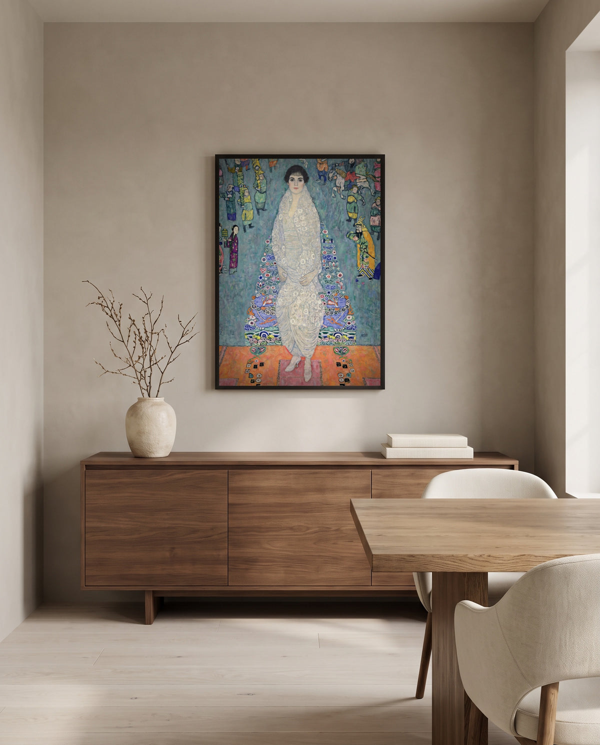 Elisabeth Lederer by Gustav Klimt in a black frame above a walnut sideboard in a dining room