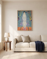 Elisabeth Lederer by Gustav Klimt framed in natural oak above a cream sofa in a warm living room