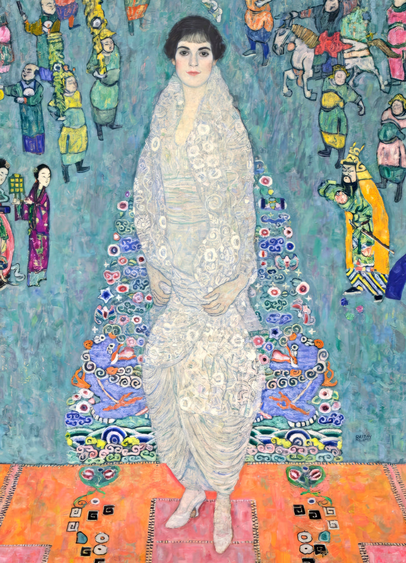 Portrait of Elisabeth Lederer by Gustav Klimt: a young woman in a white gown on a patterned carpet, small figures behind