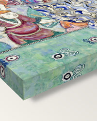 Friederike Maria Beer by Gustav Klimt on stretched canvas, corner close-up: the painting mirror-wrapped round the sides
