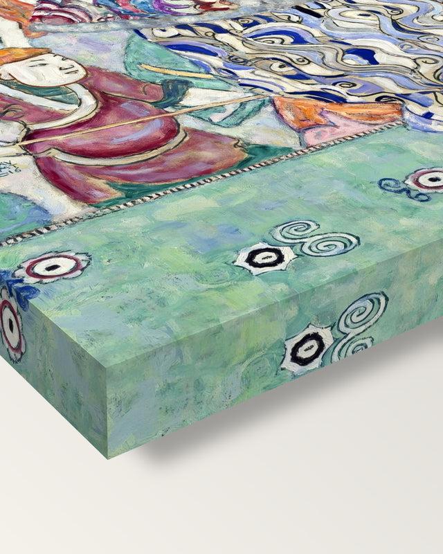 Friederike Maria Beer by Gustav Klimt on stretched canvas, corner close-up: the painting mirror-wrapped round the sides