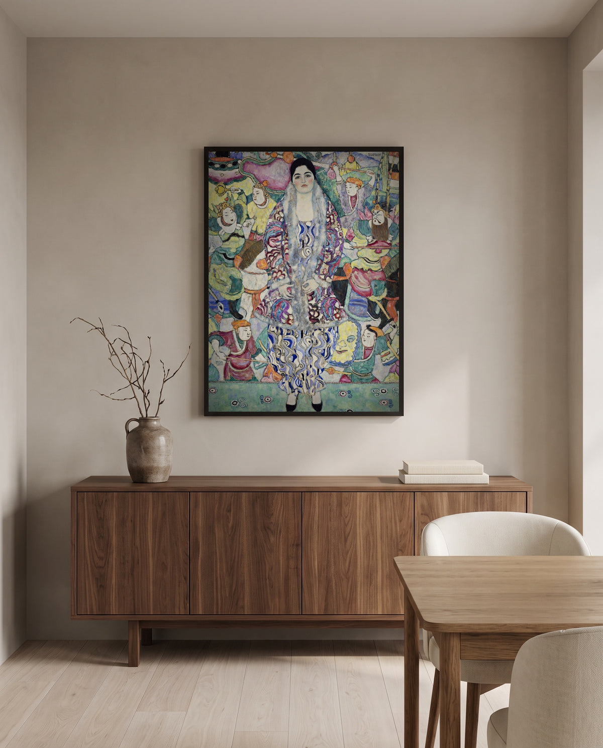 Friederike Maria Beer by Gustav Klimt in a black frame above a walnut sideboard in a dining room