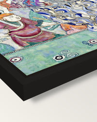 Friederike Maria Beer by Klimt framed canvas, corner close-up: a black floating frame with a shadow gap round the canvas