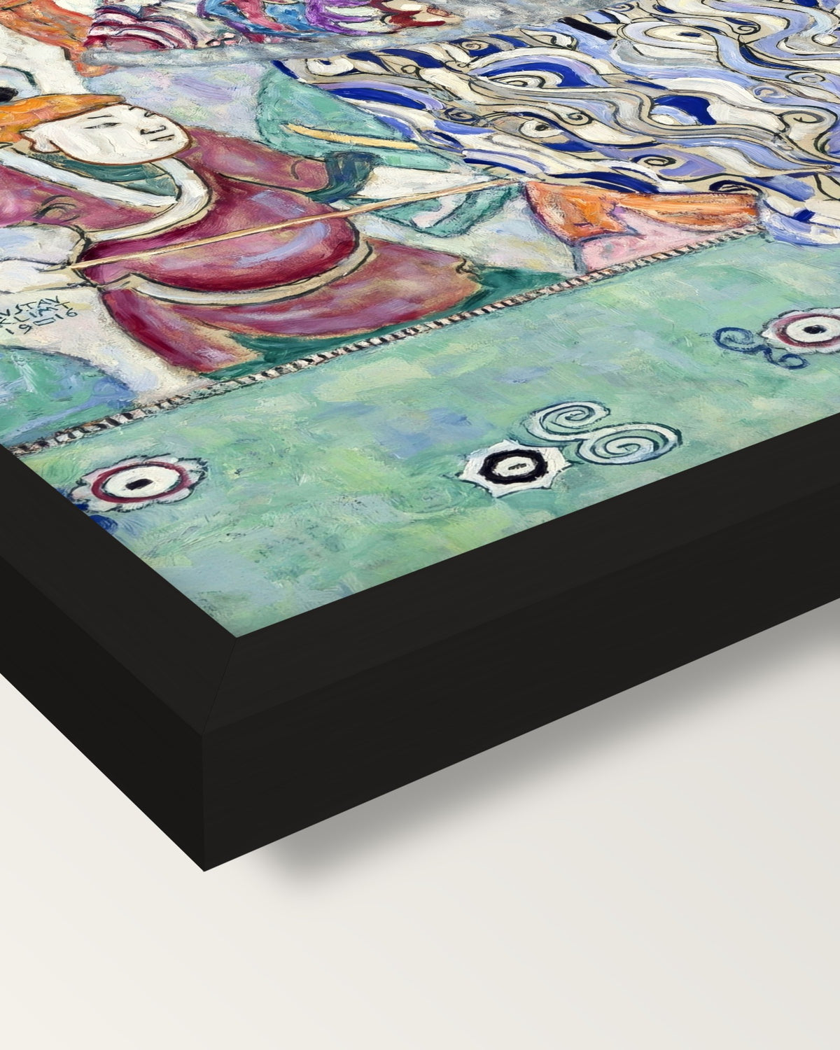 Friederike Maria Beer by Klimt framed print, corner close-up: black moulding, mitred, the print set just below its edge