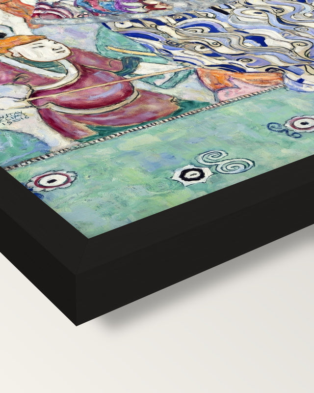 Friederike Maria Beer by Klimt framed print, corner close-up: black moulding, mitred, the print set just below its edge