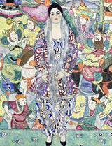 Portrait of Friederike Maria Beer by Gustav Klimt: a woman in a patterned silk dress and fur before colourful warriors