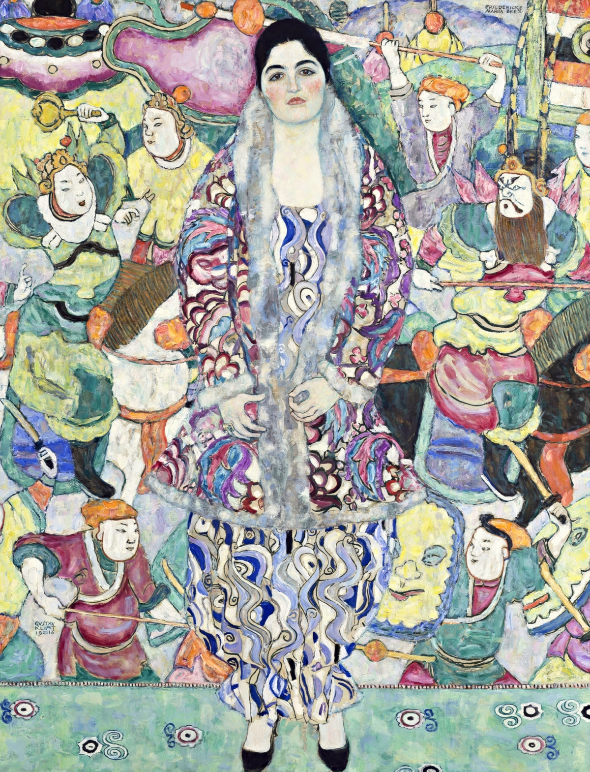 Portrait of Friederike Maria Beer by Gustav Klimt: a woman in a patterned silk dress and fur before colourful warriors
