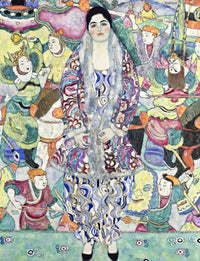 Portrait of Friederike Maria Beer by Gustav Klimt: a woman in a patterned silk dress and fur before colourful warriors