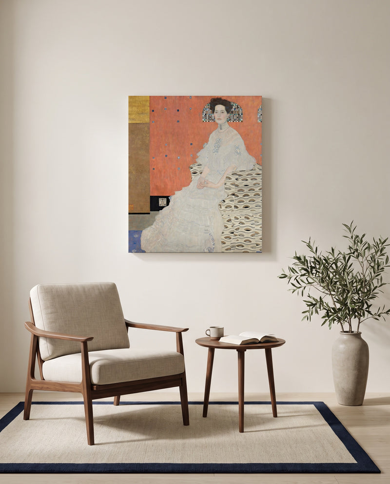 Fritza Riedler by Gustav Klimt as a stretched canvas above a linen lounge chair in a reading corner