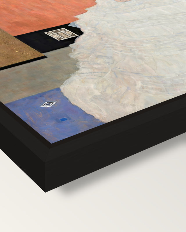 Fritza Riedler by Gustav Klimt framed canvas, corner close-up: a black floating frame with a shadow gap round the canvas