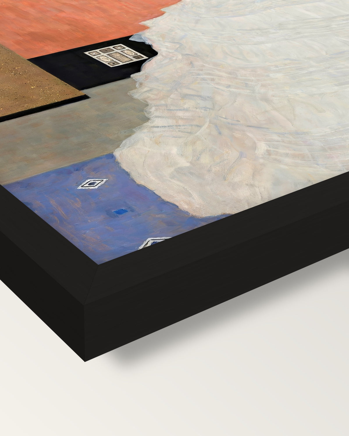 Fritza Riedler by Gustav Klimt framed print, corner close-up: black moulding, mitred, the print set just below its edge