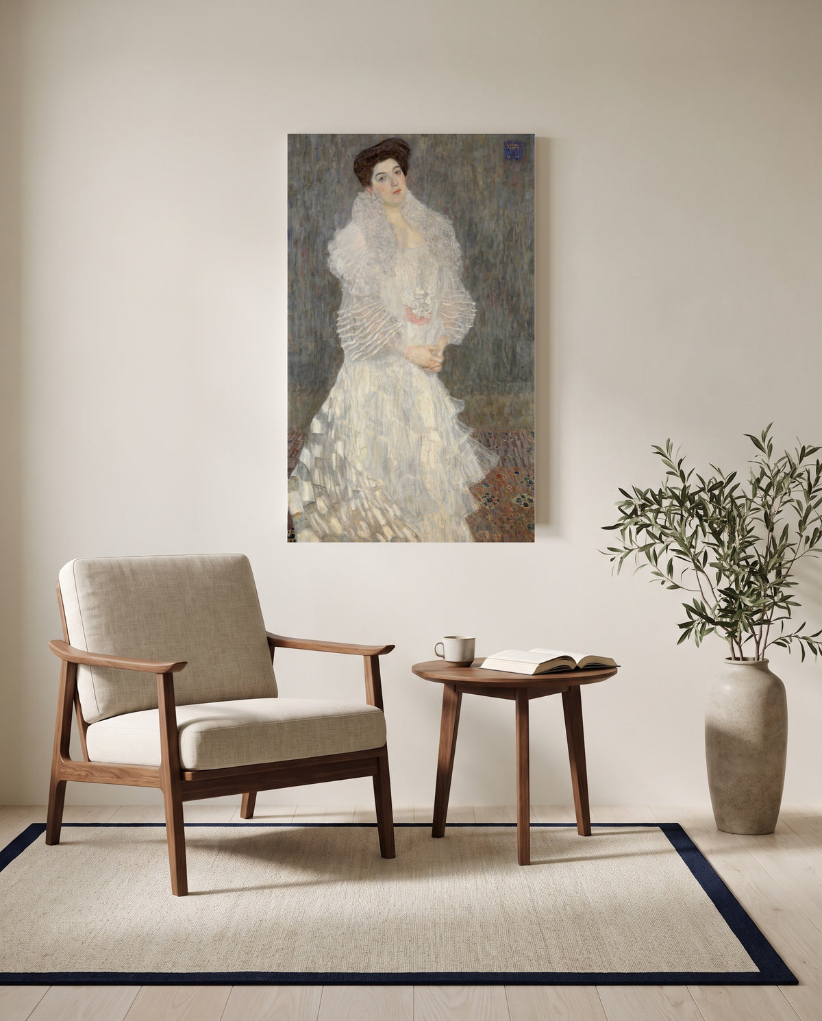 Hermine Gallia by Gustav Klimt as a stretched canvas above a linen lounge chair in a reading corner