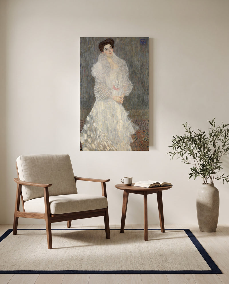 Hermine Gallia by Gustav Klimt as a stretched canvas above a linen lounge chair in a reading corner