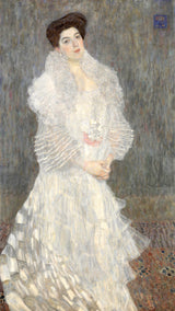Portrait of Hermine Gallia by Gustav Klimt: a dark-haired woman in a white ruffled silk gown with a boa, standing