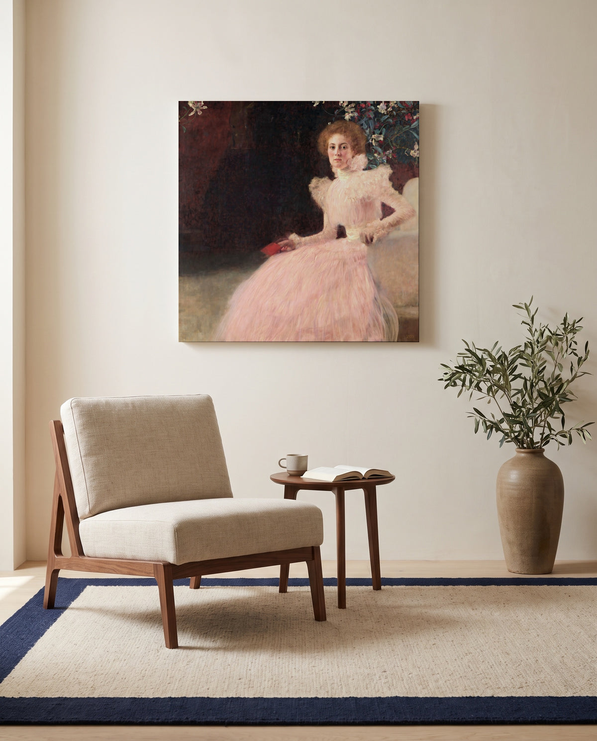 Sonja Knips by Gustav Klimt as a stretched canvas above a linen lounge chair in a reading corner