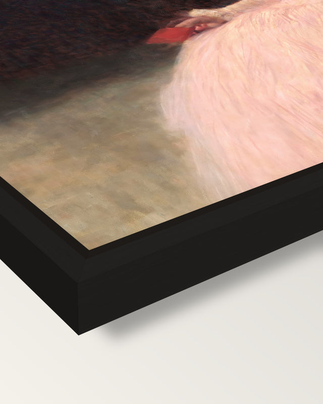 Sonja Knips by Gustav Klimt framed canvas, corner close-up: a black floating frame with a shadow gap round the canvas