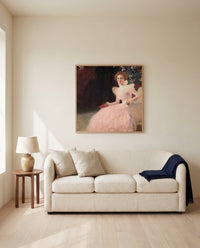 Sonja Knips by Gustav Klimt framed in natural oak above a cream sofa in a warm living room