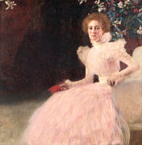 Portrait of Sonja Knips by Gustav Klimt: a young woman in a pale pink gown seated at the right, holding a red book