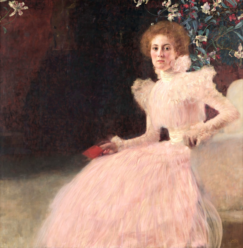 Portrait of Sonja Knips by Gustav Klimt: a young woman in a pale pink gown seated at the right, holding a red book