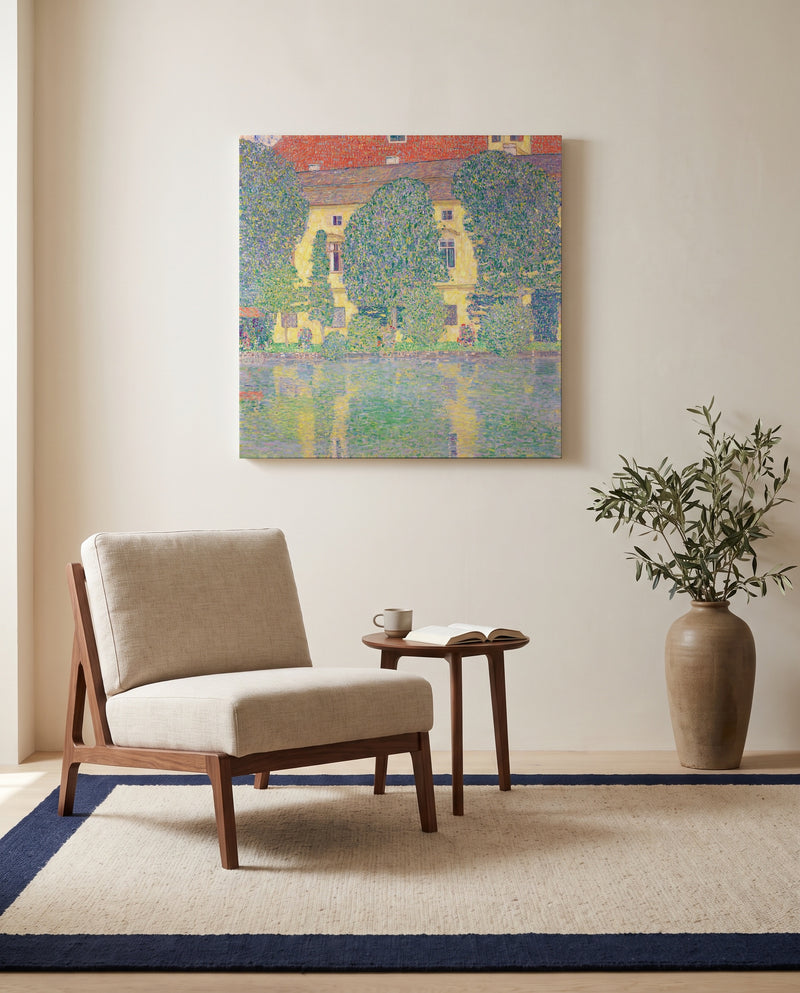 Schloss Kammer III by Gustav Klimt as a stretched canvas above a linen lounge chair in a reading corner