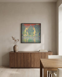 Schloss Kammer III by Gustav Klimt in a black frame above a walnut sideboard in a dining room