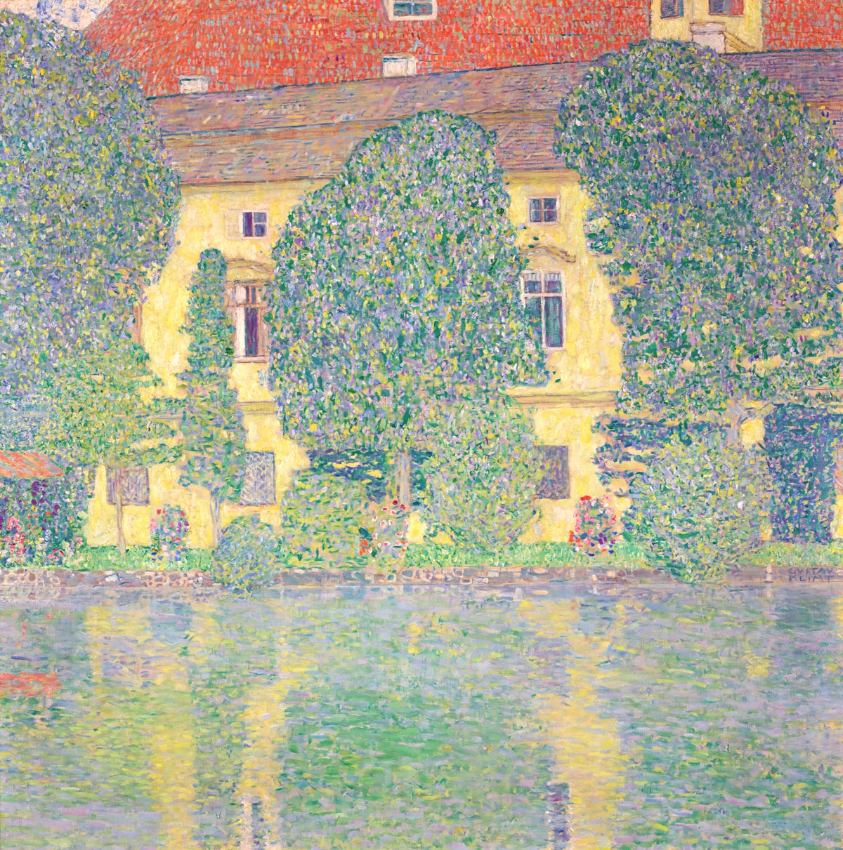 Schloss Kammer III by Gustav Klimt: a yellow castle among dense green trees, reflected in still green water below