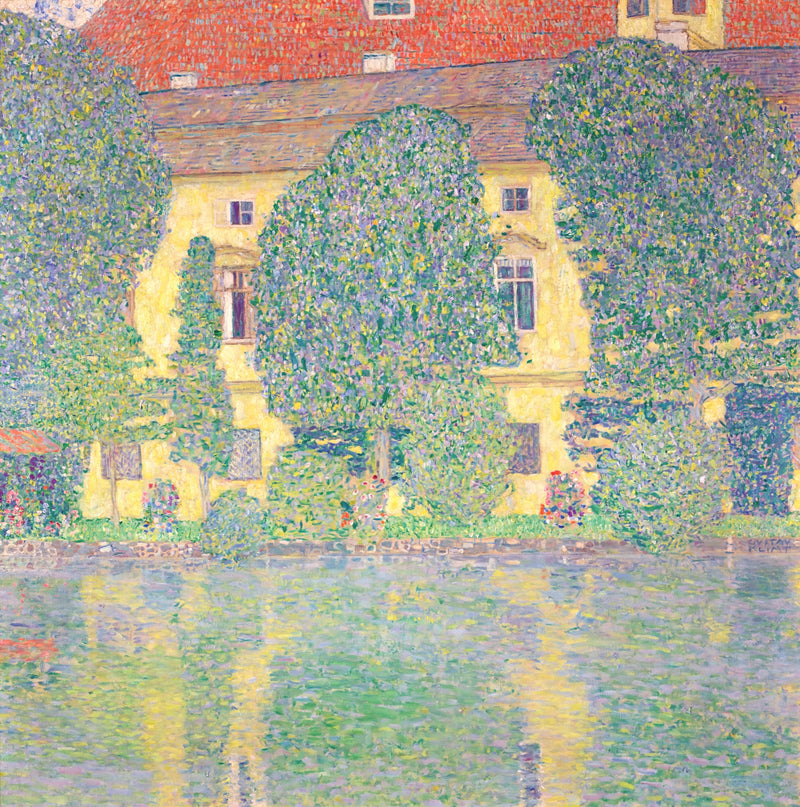 Schloss Kammer III by Gustav Klimt: a yellow castle among dense green trees, reflected in still green water below